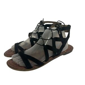 Sam Edelman Gladiator Sandals Womens 9.5 Black Strappy Suede Lace Up Flat Boho